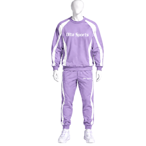Ensemble de survêtement unisexe en molleton lilas avec sweat-shirt à col rond et pantalon de jogging, rayures contrastées, tenue de sport, d'entraînement, décontractée et athlétique - Product Image 1
