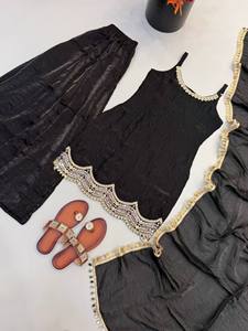 Ensemble indien pakistanais brodé noir, haut à bretelles spaghetti, pantalon plissé, châle, tenue festive Salwar Kameez - Product Image 5