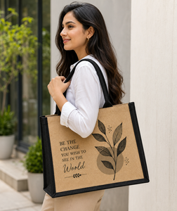 Natural Eco-Friendly Jute <b>Tote</b> <b>Bag</b> 12x16x6 Inches Cotton Padded Handle Be the <b>Change</b> Design - Product Image 5