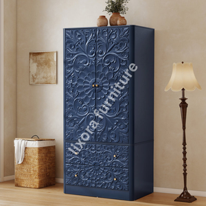 Luxury Handcrafted Solid Wood 2 Door <b>Wardrobe</b> Ornate Floral Carving Royal Navy Blue Finish Armoire - Product Image 3