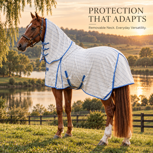 Couverture de cheval polyvalente détachable avec tissu Ripstop double diamant |   Boucles de cou réglables avec garniture bleue et sangle de sécurité - Product Image 4
