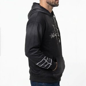 Sweat-shirt à capuche noir pour homme avec logo personnalisé, imprimé toile d'araignée blanche, en coton tricoté, décontracté, pour l'automne, avec poche avant pour logo - Product Image 3