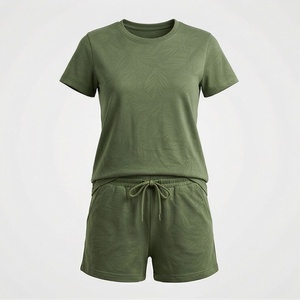 Women's 2 Piece Solid Green <b>Knitted</b> Shorts <b>Set</b> Short Sleeve Crew Neck Loose Fit Casual Above Knee Breathable Cotton Bamboo Fiber - Product Image 1