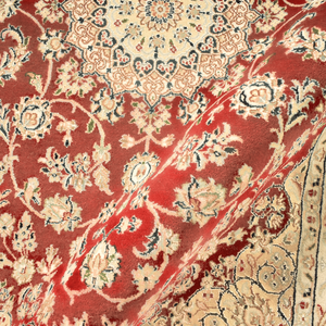 Tapis oriental fin à motifs floraux noué à la main en laine rouge multicolore 10'x14' à poils ras avec envers en coton pour salon - Product Image 5