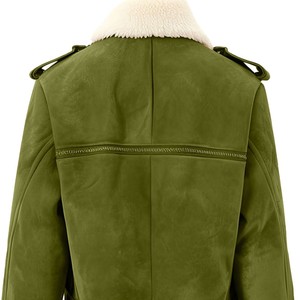 Women's Olive Green <b>Suede</b> Bomber <b>Jacket</b> With Faux Fur Lining Zip Closure Winter Warm Coat Full Sleeve Stand Collar Sample Avail - Product Image 4