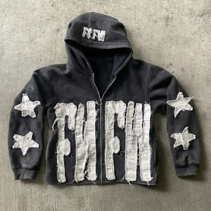 Hoodies Men Custom logo 500 Gsm Heavyweight Thick <b>Cropped</b> Zipper Vintage Acid Wash <b>Zip</b> <b>up</b> Distressed Embroidery Patch <b>Hoodie</b> - Product Image 1