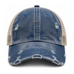 Customized Distressed Blue Denim Trucker Hat <b>Vintage</b> Washed Snapback <b>Cap</b> with Frayed Details With Best Quality - Product Image 1