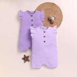 Premium Quality Organic <b>Muslin</b> Half Romper Pack of 2 Lilac + Lavender Haze <b>Baby</b> Rompers - Product Image 1