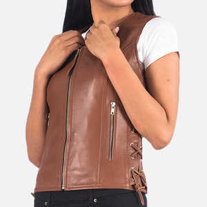 Chaleco de cuero para mujer, marrón, informal, sin mangas, con cuello redondo y cremallera, top de otoño, superventas, a la moda, estilo motero, prenda exterior, abrigo, tops - Product Image 4