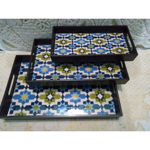 Juego de bandejas de servir de madera de mango hechas a mano, con diseño de mandala azul real en esmalte, bandejas decorativas de madera con asas. |   Decoración del Hogar - Product Image 2