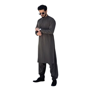 Ensemble Kurta Shalwar en coton gris pour homme, coupe classique, tenue décontractée traditionnelle, style Inde Pakistan, sans plis, toutes saisons - Product Image 1