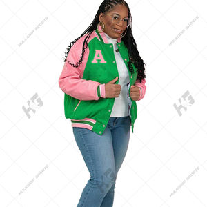 Kapa Unisex Letterman Varsity <b>Jacket</b> Green Wool Body Pink Front Logo Breathable Quick Dry Winter V-neck Single Button 100% - Product Image 2