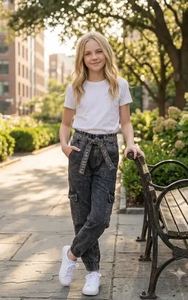 Jeans droits en denim délavé pour filles, style cargo, avec ceinture brodée, pour un usage quotidien, au meilleur prix - Product Image 4