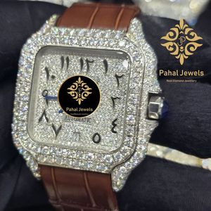 Montre de luxe Pahal Jewels avec moissanite carrée, boîtier en acier inoxydable, bracelet en cuir 20 mm, verre saphir, mouvement mécanique analogique, date - Product Image 4
