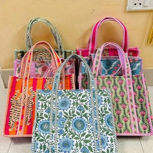Bolsos Tote Mini de Algodón Acolchado Estilo Bohemio con Dos Aberturas, Estampado de Bloques, Bolsos Pequeños Reutilizables de Tela Hechos a Mano para Regalo - Product Image 3