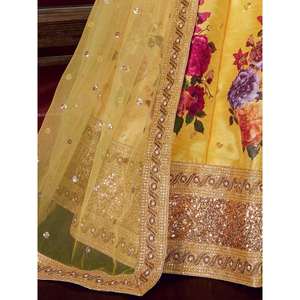 Lehenga Choli semi-cousu en soie Banglori à imprimé floral jaune, tenue Haldi par Zeel Clothing - Product Image 2