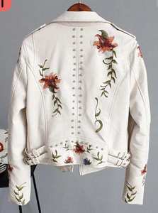 Chaqueta de Cuero Premium para Mujer, Bordada a Mano con Flores, Chaqueta Genuina con Bordado Floral, Chaqueta Moto Personalizada - Product Image 4