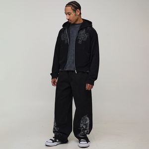 Jean noir à jambe large avec broderie dragon, style streetwear décontracté et ample, pantalon en denim avec cordon de serrage à la taille, effet délavé, pour homme - Product Image 4