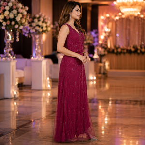Vestido de Noche de Lujo Color Borgoña con Lentejuelas para Mujer, Sin Mangas, Cuello en V, Largo hasta el Suelo, para Fiesta Formal, Baile de Graduación, Cóctel, Invitada de Boda, Vestido Maxi - Product Image 4