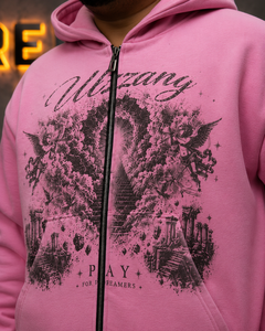 Custom Oversized <b>Pink</b> Zip Up <b>Hoodie</b> <b>Men</b> Heavyweight Graphic Streetwear Hooded Sweatshirt Private Label OEM Clothing Manufacturer - Product Image 4