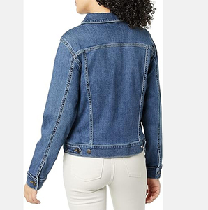 Veste en jean bleu classique pour femme, col rabattu décontracté, boutonnage frontal, couleur unie, coton délavé, coque en cuir véritable, coupe régulière - Product Image 3