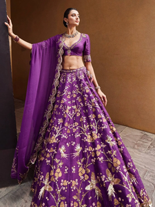 Ensemble Lehenga Choli extensible violet style Bollywood, broderie Zari et sequins, tenue traditionnelle pour mariage et fête, pour femme, été, sans plis - Product Image 4