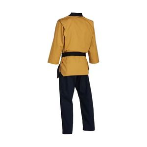 Uniforme de Taekwondo amarillo mostaza con ribete negro, Dobok de entrenamiento transpirable de tela acanalada para verano. - Product Image 2