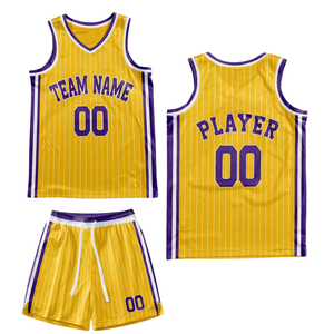 Conjunto de Uniforme de Baloncesto Retro Personalizado con Rayas Amarillas, Jersey con Borde de Cuello Blanco y Morado, Pantalones Cortos, Diseño Retro para Equipo - Product Image 2