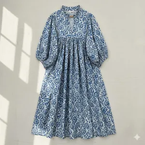 Boho Style Floral Block Print Viscose Midi <b>Dress</b> With V-Neck Puff Sleeve <b>Loose</b> Fit Summer Casual <b>Dress</b> For Women - Product Image 1