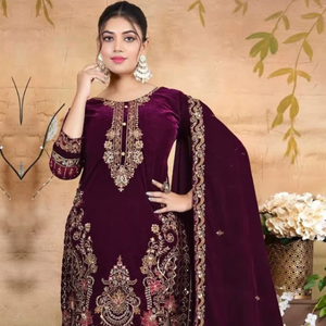 ชุดสัลวาร์ คามีซ ผ้ากำมะหยี่เย็บกึ่งสำเร็จรูป พร้อมงานปักและงานประดับด้วยลูกปัดแบบทันสมัย สำหรับงานปาร์ตี้ งานแต่งงาน และงานดิวาลี - Product Image 1