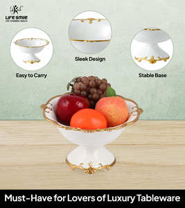 Nouveau bol de fruits en porcelaine avec support couleur blanche avec bordure dorée Look de luxe moderne Plat de service non toxique - Product Image 5