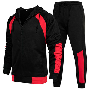 Ensemble de survêtement pour homme noir et rouge avec blocs de couleur, fermeture éclair intégrale, pantalon de jogging sportif à capuche, respirant, pour l'automne, coupe classique - Product Image 1