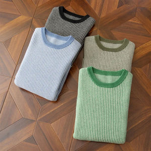 Pull en tricot à carreaux à manches longues, motif vert automnal, col rond, style rétro, grande taille, vêtements pour hommes - Product Image 6