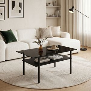 Tavolino da Caffè Moderno Rettangolare in Vetro, Piano in Vetro Temperato da 38,6 Pollici, Ripiano in Legno, Tavolo Centrale Nero per Soggiorno - Product Image 1