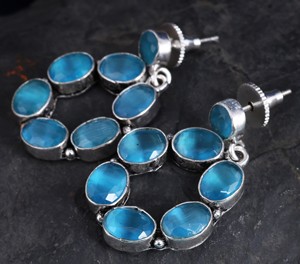 Trade Assurance Bohemian Blue Cat Eye Stone Oval Loop Earrings for Women | Handmade Oxidized Silver Brass Jewelry - Product Image 4