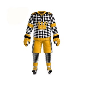 Ensemble uniforme de hockey sur glace pour hommes, rayures horizontales bleues, brunes et blanches, sublimation, maillot, short, gants, nom et numéro personnalisés, OEM - Product Image 4