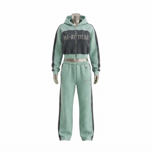 Conjunto de Sudadera Corta con Cremallera y Pantalones Anchos para Mujer, Color Verde Menta, Estilo Casual Urbano - Product Image 3