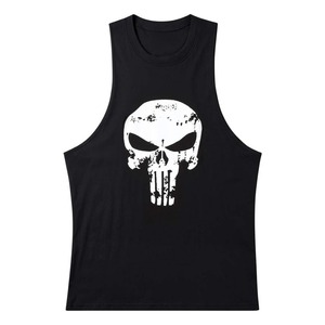 Men's Black Sleeveless Tank <b>Top</b> With White <b>Skull</b> Print O-Neck Casual Style Cotton Knitted Front Logo Design - Product Image 1