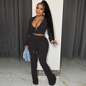 Ensemble deux pièces en velours pour femmes, nouveau design, pantalon évasé tendance de haute qualité en denim extensible avec poches plaquées sur le devant - Product Image 3