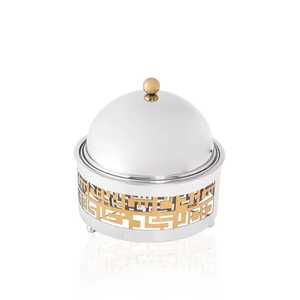 Cacerola Moderna Blanca y Plateada con Base y Tapa con Patrón Griego Dorado, Olla Aislada de Lujo para Mantener la Comida Caliente - Product Image 1