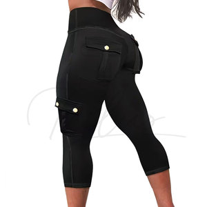 High Waist Black Capri <b>Leggings</b> <b>With</b> <b>Pockets</b> Seamless Four-Way Stretch Yoga Pants Knee Length Solid Color Women's Fitness Wear - Product Image 2