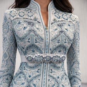 Caftán marroquí de georgette azul pastel de lujo |   Vestido Largo Elegante para Fiesta, con Bordado Intenso, Sin Arrugas, Corte Entallado y Abertura Frontal - Product Image 2