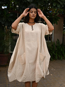 Pure Linen Beige <b>Kaftan</b> Midi Dress with Pockets Casual <b>Summer</b> Lounge Wear for Women Casual Outings Versatile Dress - Product Image 5
