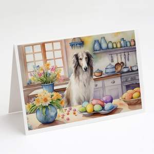 Whimsical Easter Borzoi Tarjetas de felicitación Paquete de 8 A7 Tamaño 5x7 Tarjetas de notas en blanco con sobres para decorar para las vacaciones. - Product Image 1