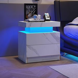 Modern White Stone <b>LED</b> Nightstand with 2 Drawers <b>Bedside</b> <b>Table</b> Cabinet Lights for Bedroom - Product Image 1