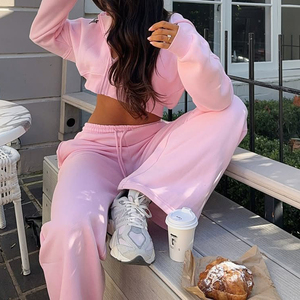 Women's Cropped Zip Up Hoodie <b>Sweatpants</b> <b>Set</b> Custom Logo Vintage Distressed Tracksuit Embroidery Jogger Streetwear <b>Set</b> - Product Image 5