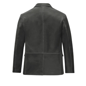 <b>Men's</b> Black Genuine <b>Leather</b> <b>Blazer</b> Solid Smart Casual Suit Jacket Turn Down Collar - Product Image 3