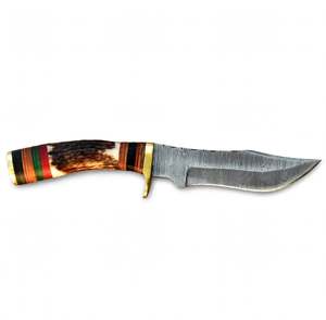 Outil utilitaire d'extérieur artisanal en acier Damas, manche en bois Micarta empilé avec corne de cerf naturelle, garde en laiton - Product Image 1