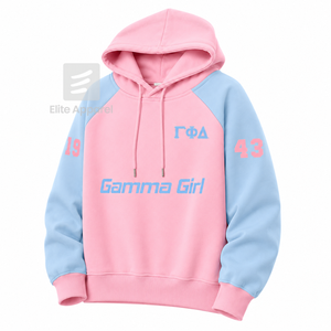 Sudadera personalizada de la hermandad Gamma Phi Delta con logo bordado en la parte delantera, color azul cielo y rosa, manga corta, de algodón, para mujer. - Product Image 2
