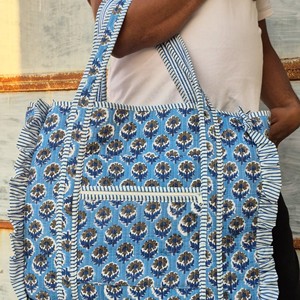 Sac fourre-tout en tissu à motif floral bleu, grande taille, fermeture éclair, poignée longue, sac de shopping, usage quotidien - Product Image 4